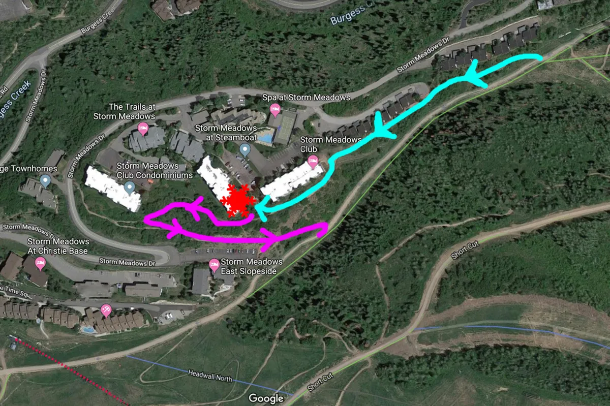 This exterior image shows the Storm Meadows Club Condominiums complex surrounded by lush green trees and mountains (in summer), with clearly visible trails leading into the surrounding nature. The signage for trails at Storm Meadows and the on-site spa is also present, providing a sense of the direct trail access and retreat-style amenities available to guests.