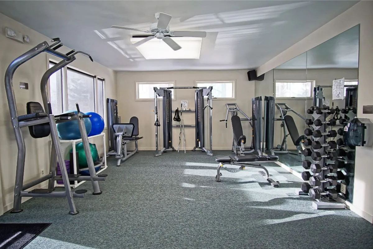 This interior image features a modern, well-equipped fitness center with various exercise machines, a dumbbell rack, and a mirrored wall. Large windows suggest a bright, energetic space ideal for staying active indoors.